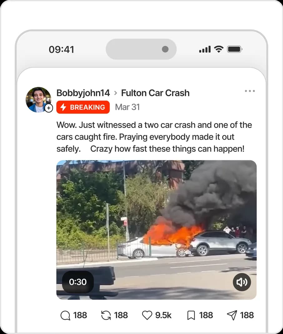 A breaking post in the Spark feed with live video from the scene