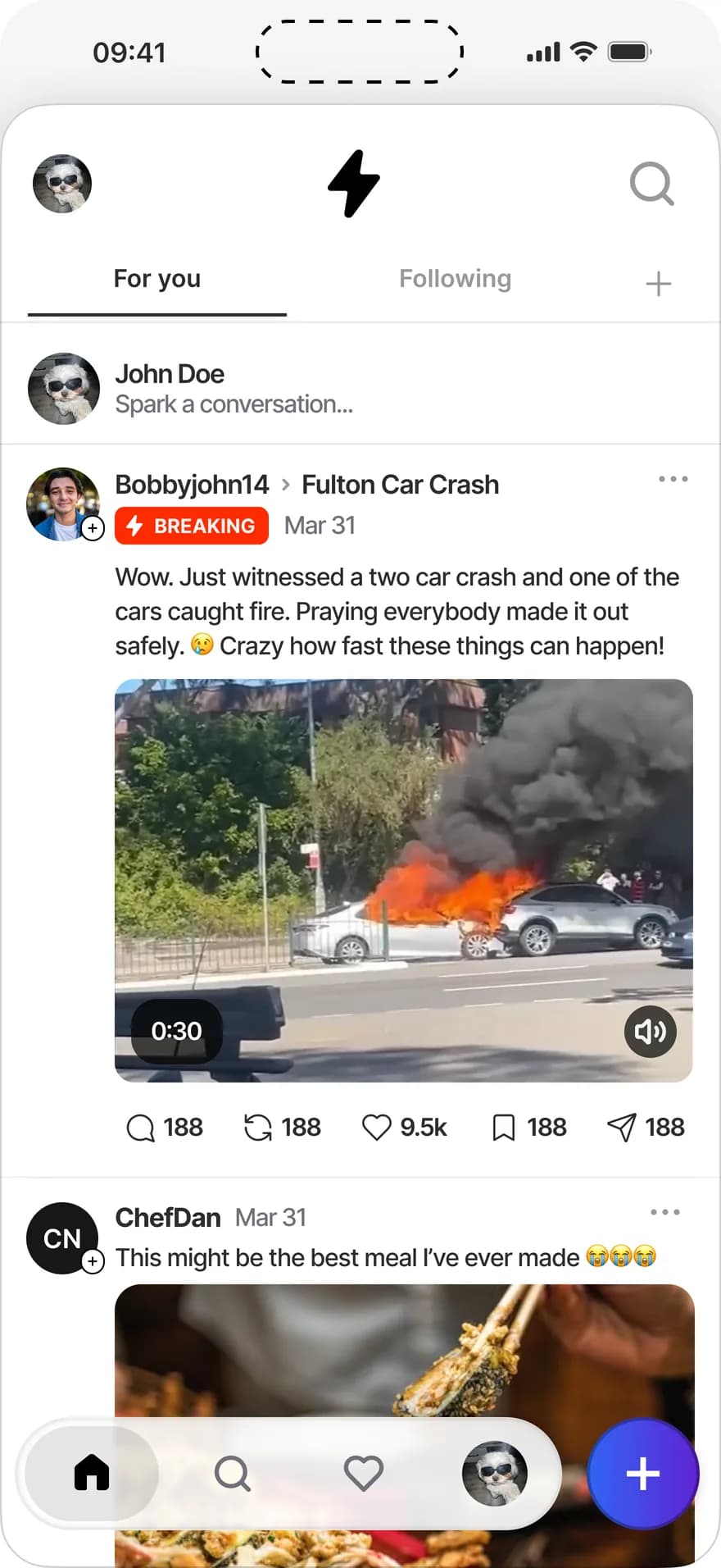 The Spark feed on iPhone with a breaking badge on a live local post